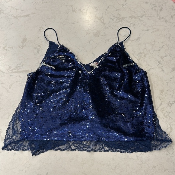 Free People Turn it On Swinging Sequins Lace Trimmed Tank Top Size Medium Blue - Picture 14 of 15